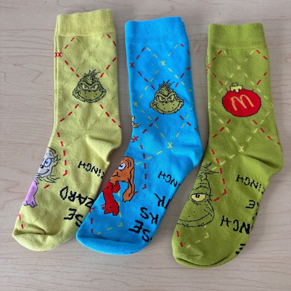 Lot of 3 - 2025 McDonald's Grinch Socks Christmas Happy Meal Socks Opened Promo